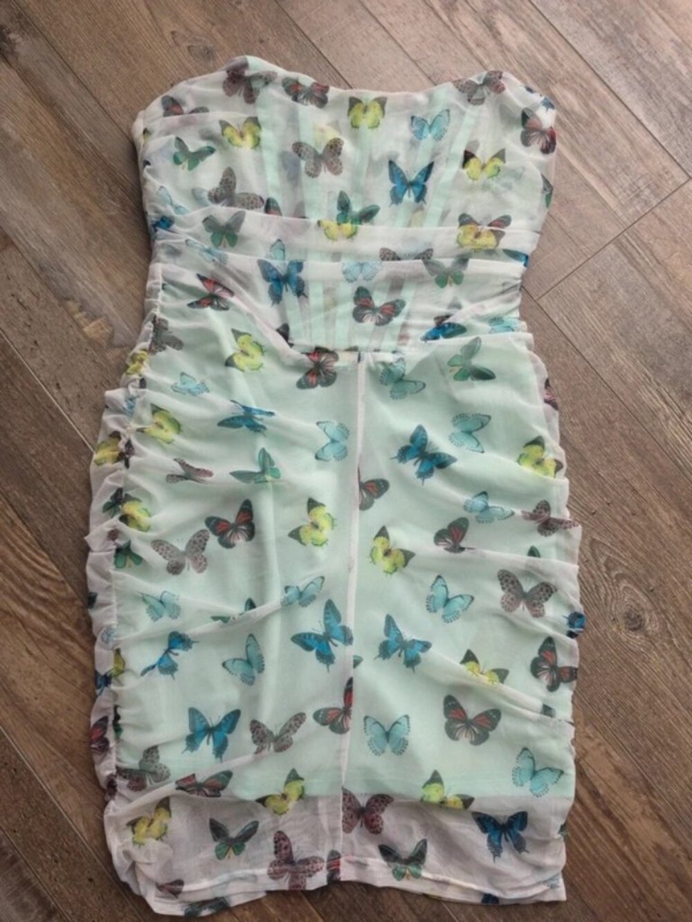 Fashion Nova mint butterfly strapless mini dress for party brunch